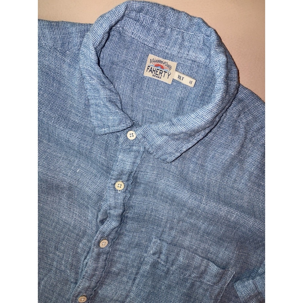 Faherty Palma Men XLT XL Tall 100% Linen Short Sleeve Button Up Blue Basketweave